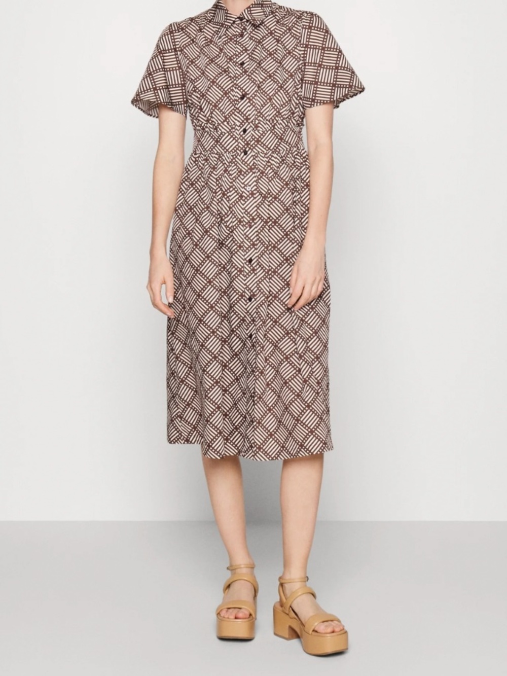 Max & Co. brown/off-white midi patterned shirt dress ~size 8